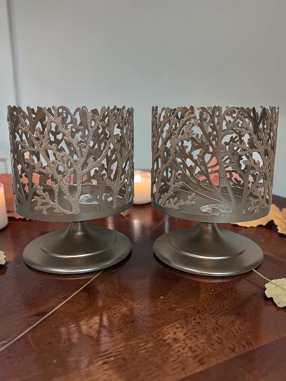 Metal Tree Cutout Pedestal Candle Holders - Set of 2, Silver